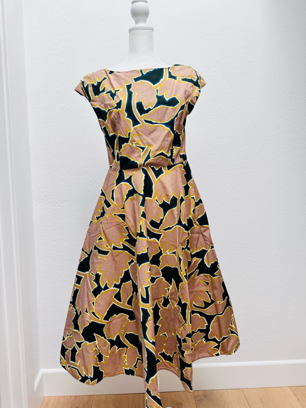 MaxMara Cotton Beige  Midi Dress with Blue and Yellow Leaf Print